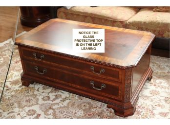 Carved Detail Coffee Table With Drawers And Protective Glass Top Great Storage