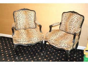 Pair Of Custom Black And Leopard Print Stark Fabric Arm Chairs