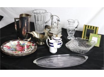 Large Lot Of Decorative Items Includes Ralph Lauren Floral Plates, Crystal Pitcher, Oil & Vinegar Set