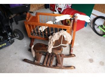 Wood Rocking Horse And Doll Crib