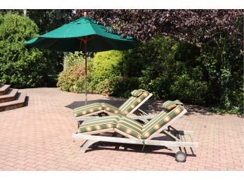 Set Of Barlow Tyrie Adjustable Teak Outdoor Lounge Chairs With Cushions & Sunbrella Umbrella