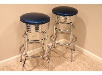 Pair Of Retro Style Blue Sparkle Chrome Stools