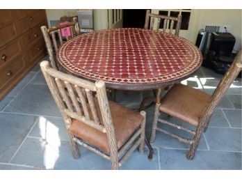 Heavy Iron Table With Custom Tiled Top And 4 Country Carved Branch Style Chairs