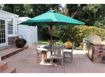 Kingsley Bates Teak Wood Outdoor Table With 4 Chair, Lazy Susan And Umbrella