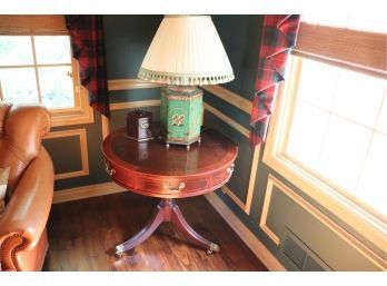 Baker Furniture Round End Table With Brass Detail And Green Lamp With Tassel Shade