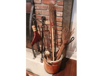 Iron Fireplace Tools With Copper Bucket And Decorative Items