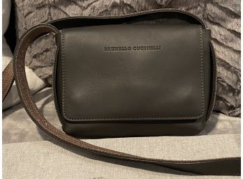 This Stylish Brunello Cucinelli Crossbody Leather Bag With Long Gold Beaded Strap, Pre-owned