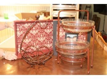 3 Tier Serving Tray With Glass Inserts, Fruit Bowl And Wood Tray With Matching Frame