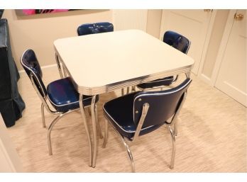 Vintage Style 50's Chrome Table With Blue And Silver Sparkle Vinyl Chairs