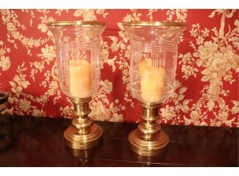 Pair Of Ralph Lauren Large Brass And Glass Hurricane Style Candle Lamps