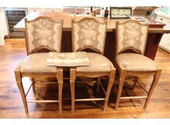 Set Of 3 Custom Counter Stools With Studding And Matching Place Mats