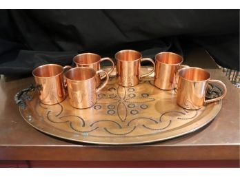 Set Of 6 Copper Coffee Mugs With Platter