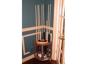 Pool Cue Stand With Assorted Cues And Accessories