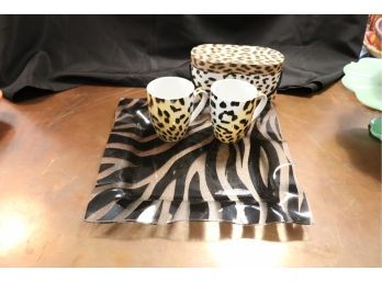 Decorative Animal Print Plate With Coffee Mugs