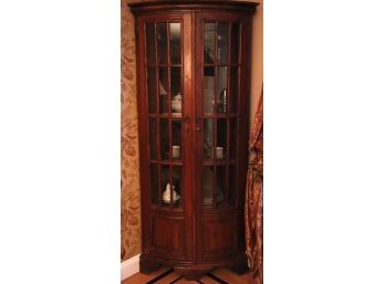 Vintage Walnut Finished Curved Glass Panel Corner Cabinet