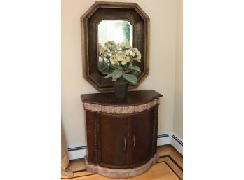 Vintage Faux Painted Wine Display Bar Cabinet With Metal Veneer Octagonal Shaped Beveled Wall Mirror