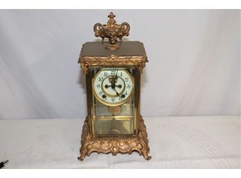 BEAUTIFUL FRENCH STYLE ANSONIA MANTLE CLOCK WITH BEVELED GLASS CASE & METAL GILDED ROCOCO BASE