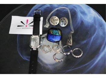 WOMEN'S JEWELRY INCLUDES 3 STERLING SPARKLE RINGS, JUDITH RIPKA EARRINGS & MIZRAHI WATCH, CAN SHIP