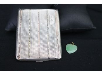 VINTAGE STERLING SILVER CIGARETTE CASE W 14KT GOLD INLAY & 14 KT GREEN STONE HEART PENDANT, CAN SHIP