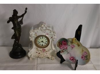 ANSONIA FLORAL PORCELAIN CLOCK CASE WITH PASTORALE PAR AUG. MOREAU FIGURE & LIMOGE DISH