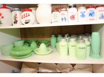 LARGE COLLECTION OF FIRE KING JADEITE INCLUDES SALT & PEPPER SHAKERS & CANDLESTICK HOLDERS