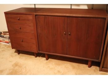 VINTAGE MCM CABINET WITH SLIDING DOORS AND MATCHING 3 DRAWER NIGHTSTAND