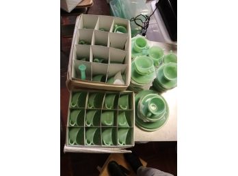 LARGE COLLECTION OF FIRE KING JADEITE CUPS WITH SAUCERS