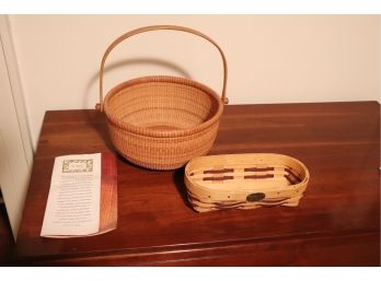 SIGNED ARAWJO T - 1998 HANDWOVEN BASKET WITH HANDLE 9 D X 5 TALL & SMALL BASKET BY PETERBORO BASKET CO. 9 W