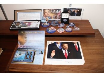 PRESIDENT BARACK OBAMA COLLECTIBLE COMMEMORATIVE COINS, PINS AND PICTURES