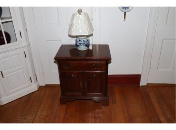 SMALL CHERRY WOOD CHEST BY KNOB CREEK WITH ASIAN BLUE AND WHITE POTTERY LAMP