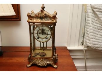 ANTIQUE MANTLE CLOCK BY NEW HAVEN CLOCK CO. IN BEVELED GLASS CASE WITH BELLE EPOQUE METAL FRAME