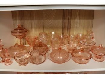 LARGE COLLECTION OF PINK DEPRESSION GLASS INCLUDES CANDY DISHES, FAIRY LAMP & PERFUME BOTTLES