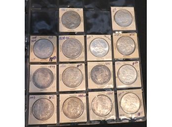 COLLECTION OF 13 SILVER MORGAN DOLLARS (1878-1884) & 1 SILVER PEACE DOLLAR 1926-S. CAN SHIP