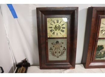 ANTIQUE ATKINS & PORTER 19TH CENTURY WALL CLOCK IN WOOD CASE, ETCHED GLASS DOOR ADOLPH YUNCK DEC 14 1861