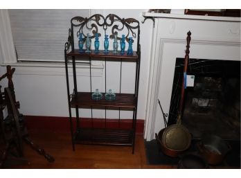 ORNATE FOLDING METAL & WOOD BOOKCASE WITH CHARMING BLUE GLASS PERFUME BOTTLES