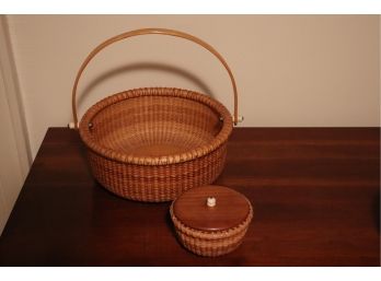 HANDMADE SIGNED WOVEN BASKET BY JOSH MARASCA 14 1996 10 D X 4 TALL WITH HANDLE & SMALLER BASKET WITH LID