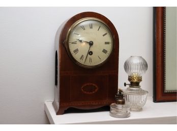 ANTIQUE S. SMITH & SON TRAFALGAR MANTLE CLOCK WITH INLAID WOOD DESIGN & VINTAGE GLASS OIL LAMPS