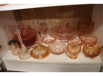 COLLECTION OF PINK AND PEACH DEPRESSION GLASS INCLUDES ICE BUCKET, CANDLESTICK & COVERED BOWLS