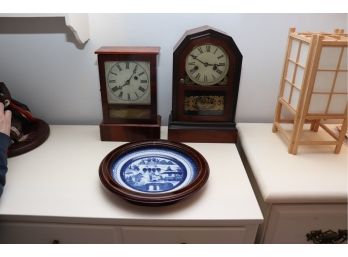 VINTAGE WOOD CLOCKS BY ANSONIA CLOCK COMPANY & ATKINS CLOCK COMPANY WITH B&W MOTTAHEDEH WALL PLATE