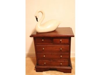 VINTAGE DIMINUTIVE NIGHTSTAND WITH INTRICATE DOVETAIL WOODWORK AND RESIN SWAN