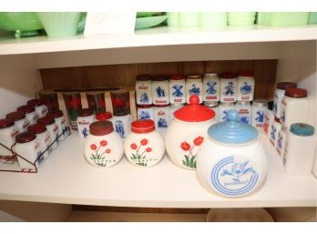 COLLECTION OF VINTAGE MCKEE DUTCH MILK GLASS SPICE JARS & SALT AND PEPPER JARS WITH BLUE & WHITE MOTIF