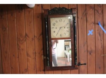 PRIMITIVE STYLE ANTIQUE WALL CLOCK WITH STENCILED DESIGN & MIRRORED FRONT DOOR