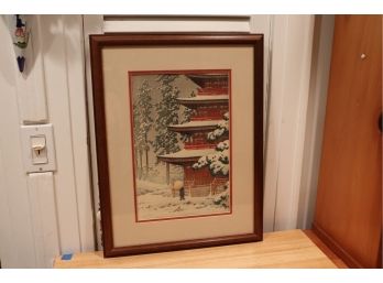 JAPANESE WOODBLOCK PRINT OF A TEMPLE IN THE WINTER SNOW STAMPED ON CORNER