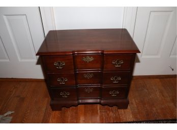 DIMINUTIVE MAHOGANY CHIPPENDALE STYLE 3 DRAWER CHEST WITH BRASS HANDLES