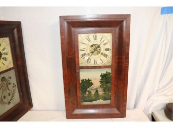 ANTIQUE TERRY & ANDREWS 19TH CENTURY WALL CLOCK IN A MAHOGANY CASE WITH REVERSE PAINTED DECORATION ON GLASS