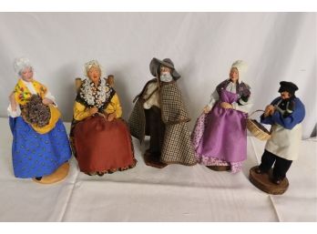 COLLECTION OF 5 FRENCH PROVENCAL TRADITIONAL DOLLS WITH HAND PAINTED FACES & SEWN COSTUMES