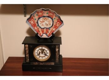 VINTAGE MARBLE MANTLE CLOCK MADE IN FRANCE WITH FANCY IMARI STYLE FAN PLATE