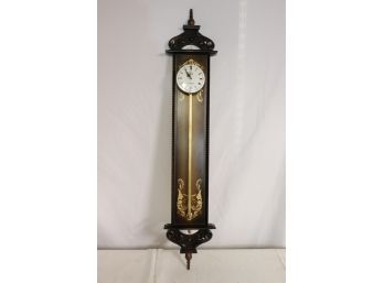 VINTAGE LINDEN ANNO 1750 SAW TOOTH GRAVITY WALL CLOCK WITH STENCILED DETAILED IN BEAUTIFUL ORNATE WOOD CASE