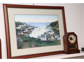 SIGNED LITHOGRAPH 'VIEW OF NEW HARBOR' BY SALLY CALDWELL 18/350 31' W X 23' T & MANTLE CLOCK