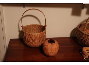 HANDWOVEN POTTERY INCLUDES SIGNED PIECE BY LAWRENCE WHEELER 2003 6 TALL & DECORATIVE BASKET WITH HANDLE